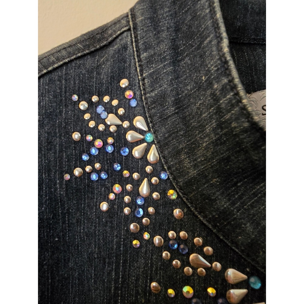 Samantha Grey Womens Dark Wash Embellished Rhinestone Zip Front Denim Jacket 18 - Picture 4 of 10